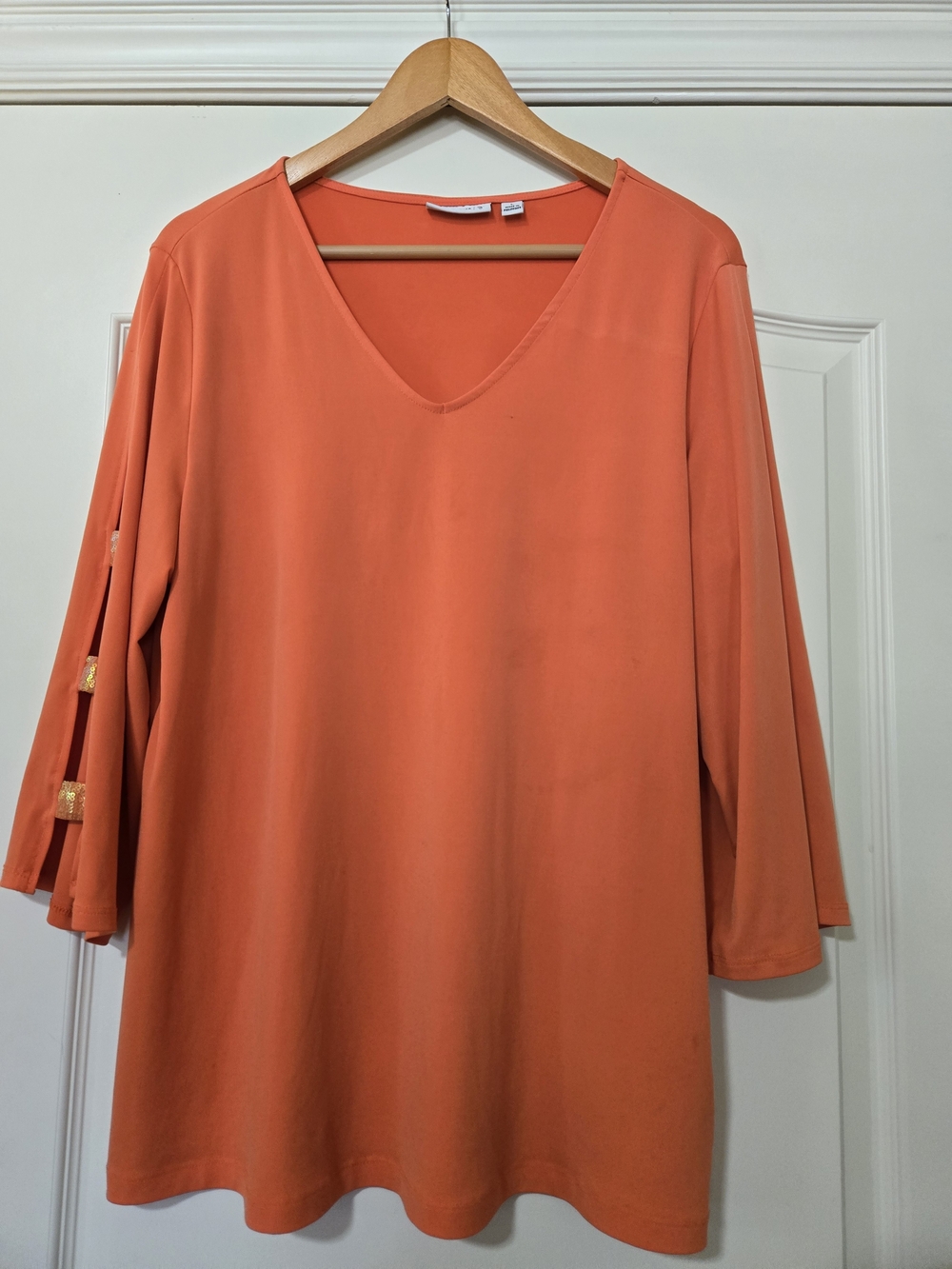 Susan Graver Coral-Orange V-Neck Tunic with Sleeve Accents